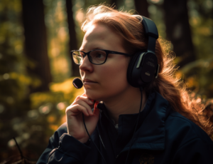 Image of a female ham radio operator in a forest.